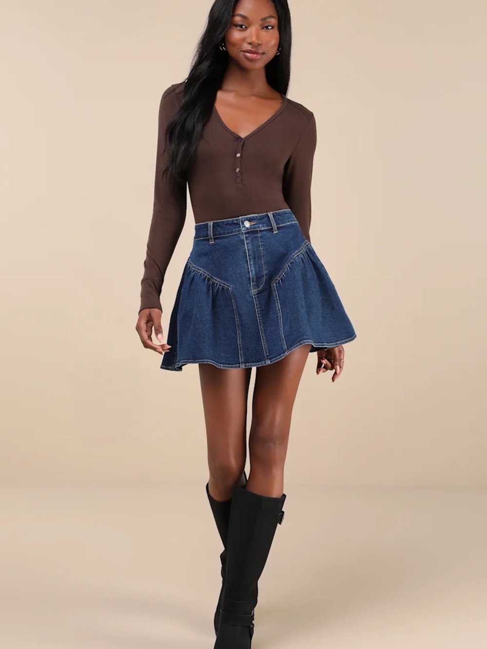 Lulu's Dark Blue Denim Flared Mini Skirt